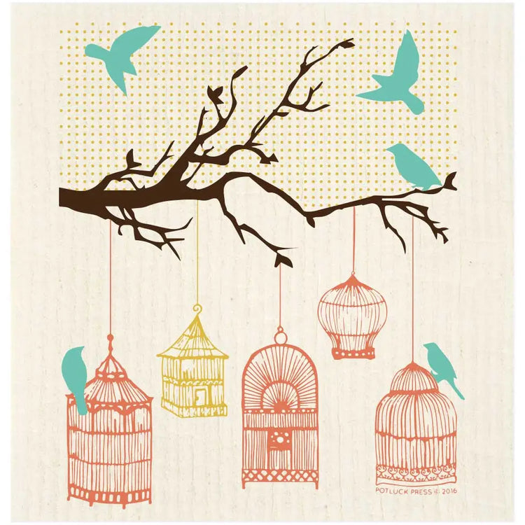 Birdcages On Branch Swedish Dishcloth