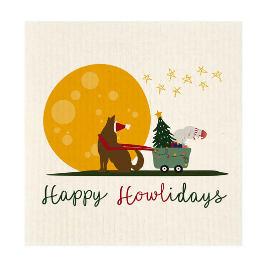 Happy Howlidays Dog with Moon Swedish Dishcloth